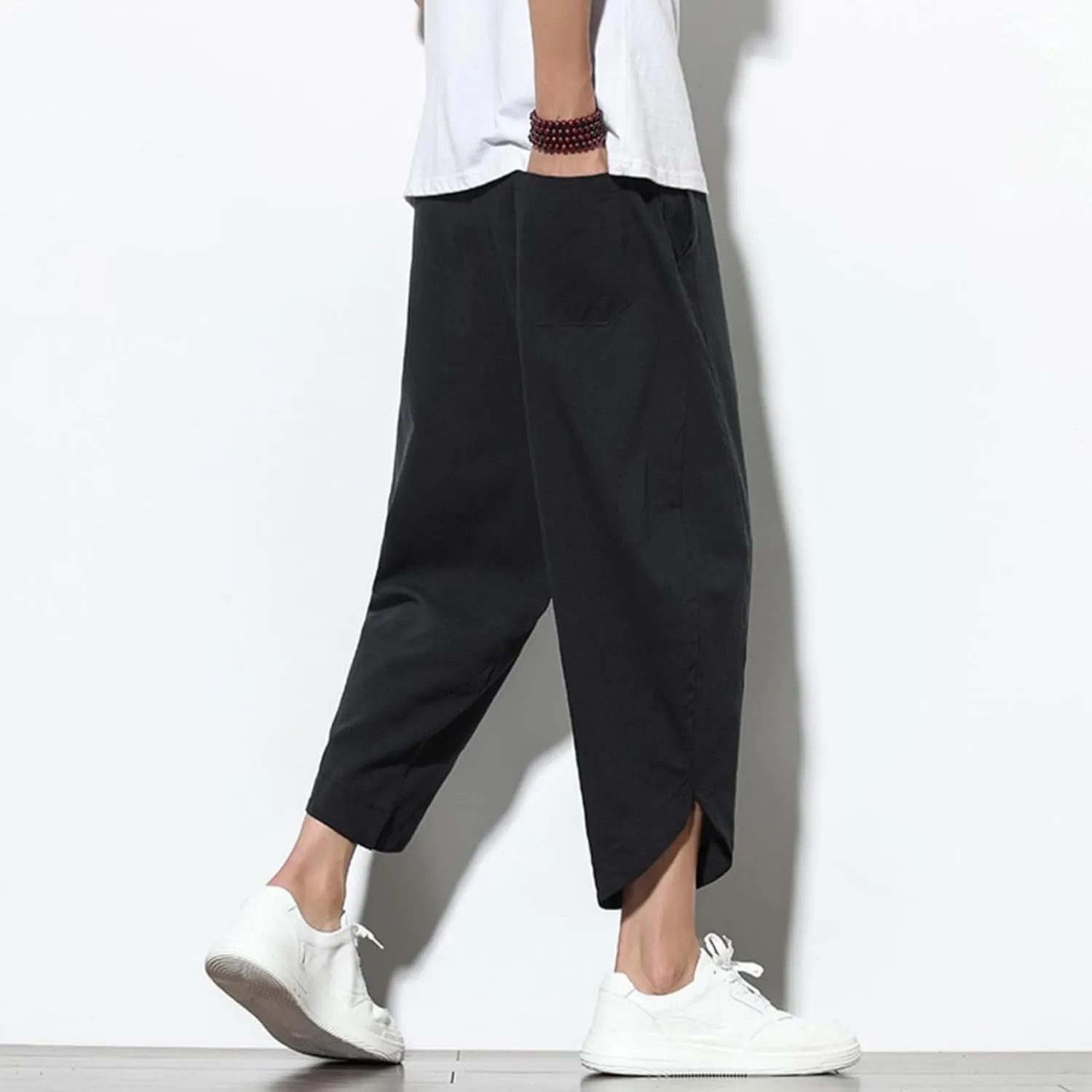 Men's Solid Color Drawstring Elastic Waist Ninth Pants Cotton Linen Sector Pant Leg Pants Retro Loose Stitching Trousers