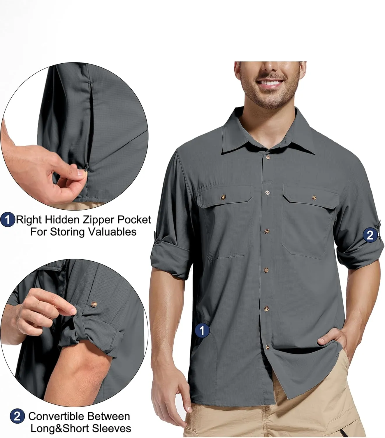 Men's Sun Protection Fishing Hiking Shirts UPF 50  UV Long Sleeve Lightweight Breathable Quick Dry Travel Work Shirt