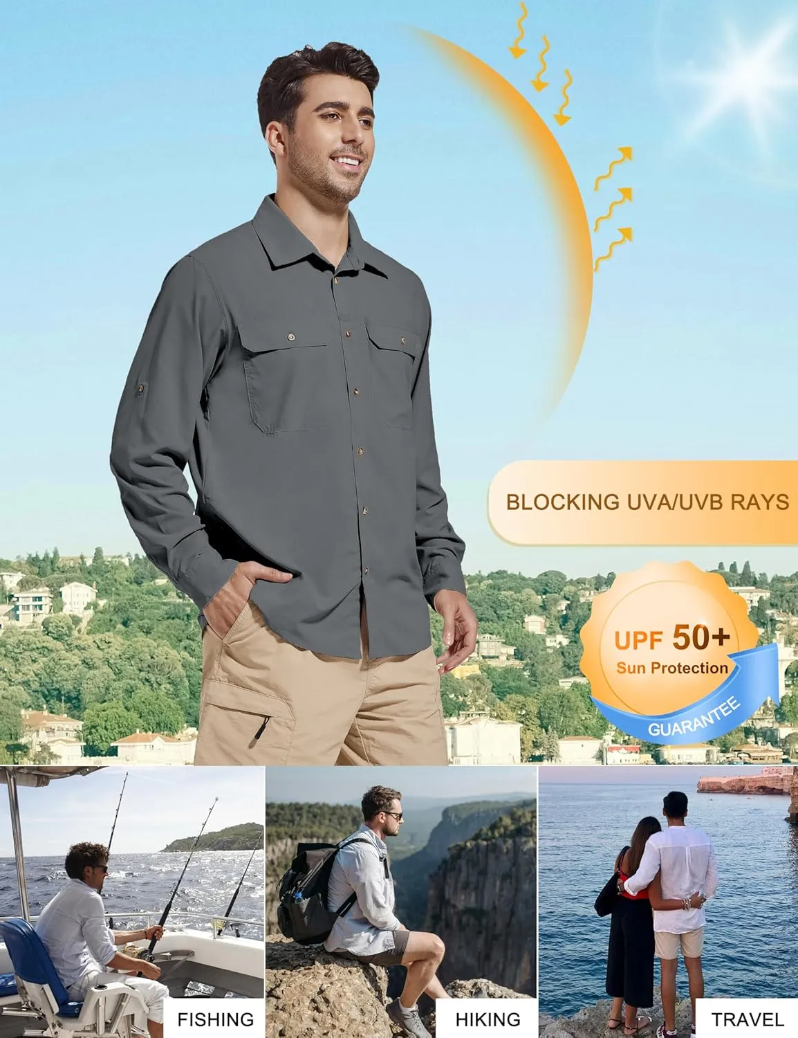 Men's Sun Protection Fishing Hiking Shirts UPF 50  UV Long Sleeve Lightweight Breathable Quick Dry Travel Work Shirt
