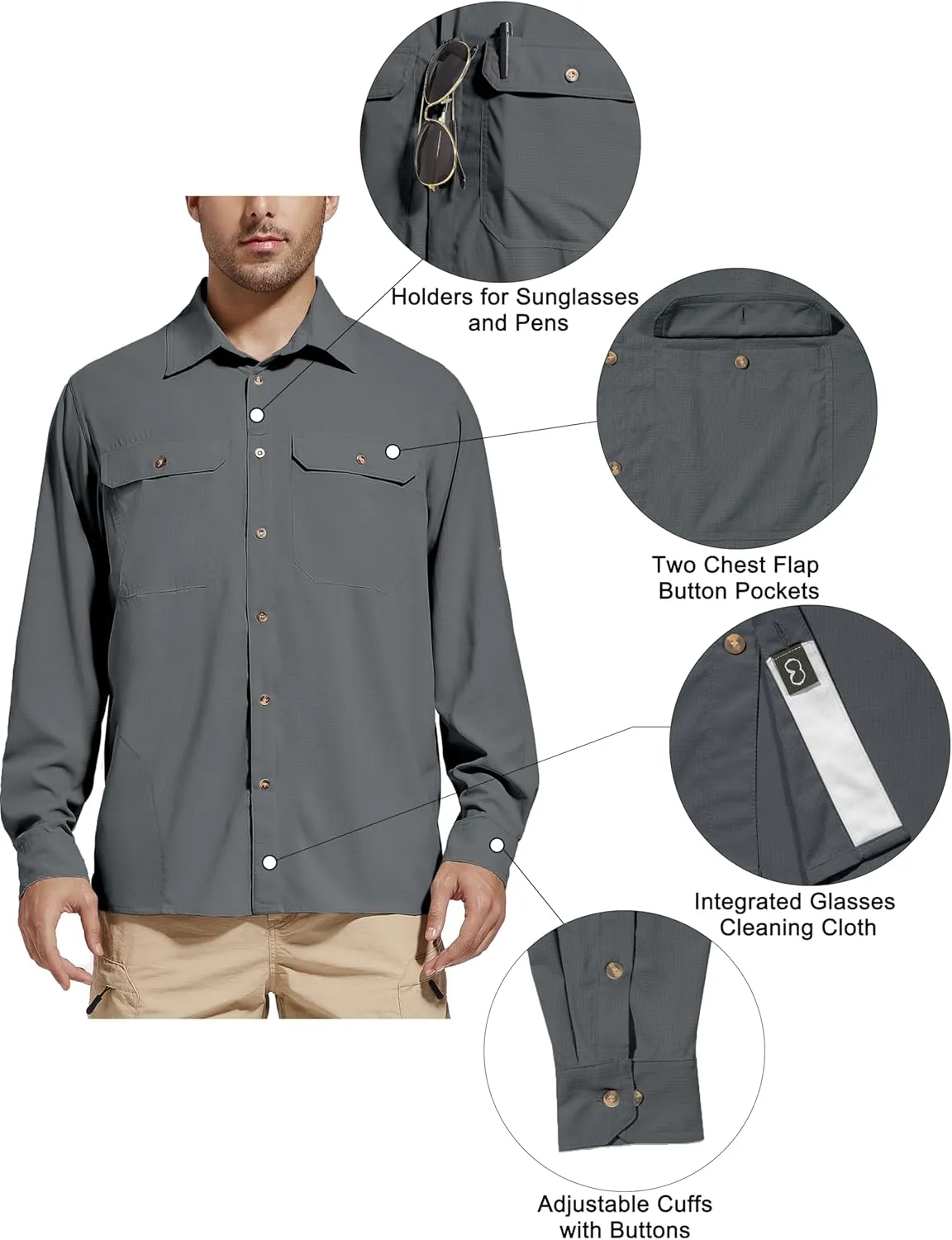 Men's Sun Protection Fishing Hiking Shirts UPF 50  UV Long Sleeve Lightweight Breathable Quick Dry Travel Work Shirt