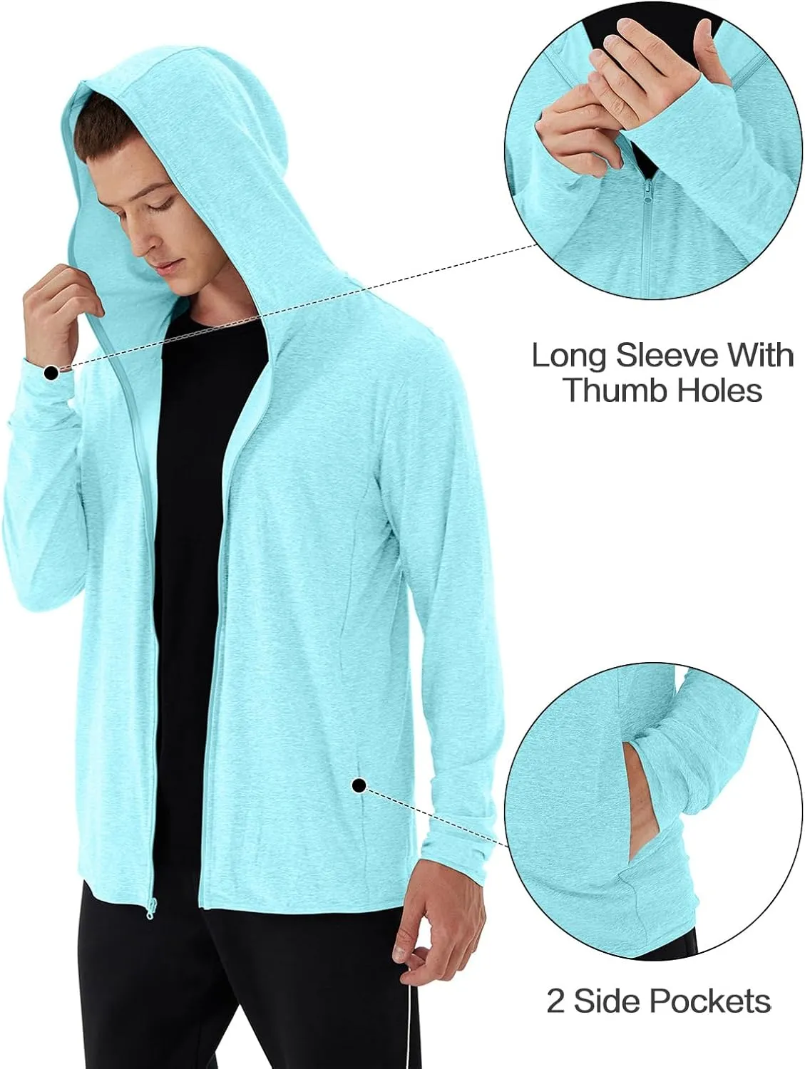 Mens UPF 50  UV Full Zip Sun Protection Hoodie Jacket With Thumb holes Cooling Lightweight Fishing Hiking Cooling Shirts men