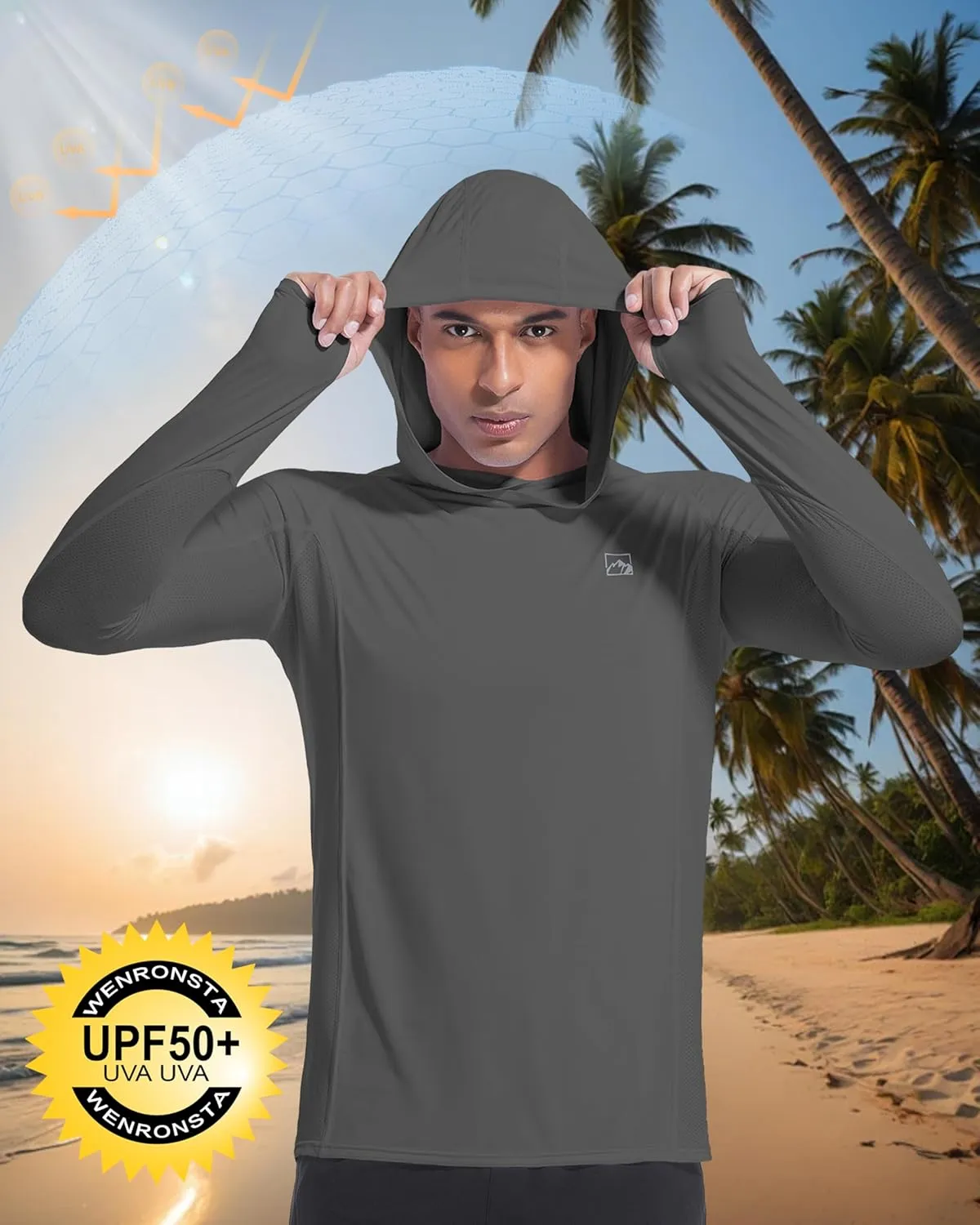 Men's UPF50  Hoodie Shirts Rash Guard Long Sleeve UV Sun Protection Lightweight Quick Dry SPF Fishing Athletic Running Swim
