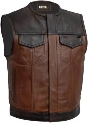 Mens Western Style Leather Vest - Lowside Gunner Mens Motorcycle Leather Vest - Men's Casual Leather Vest for Men