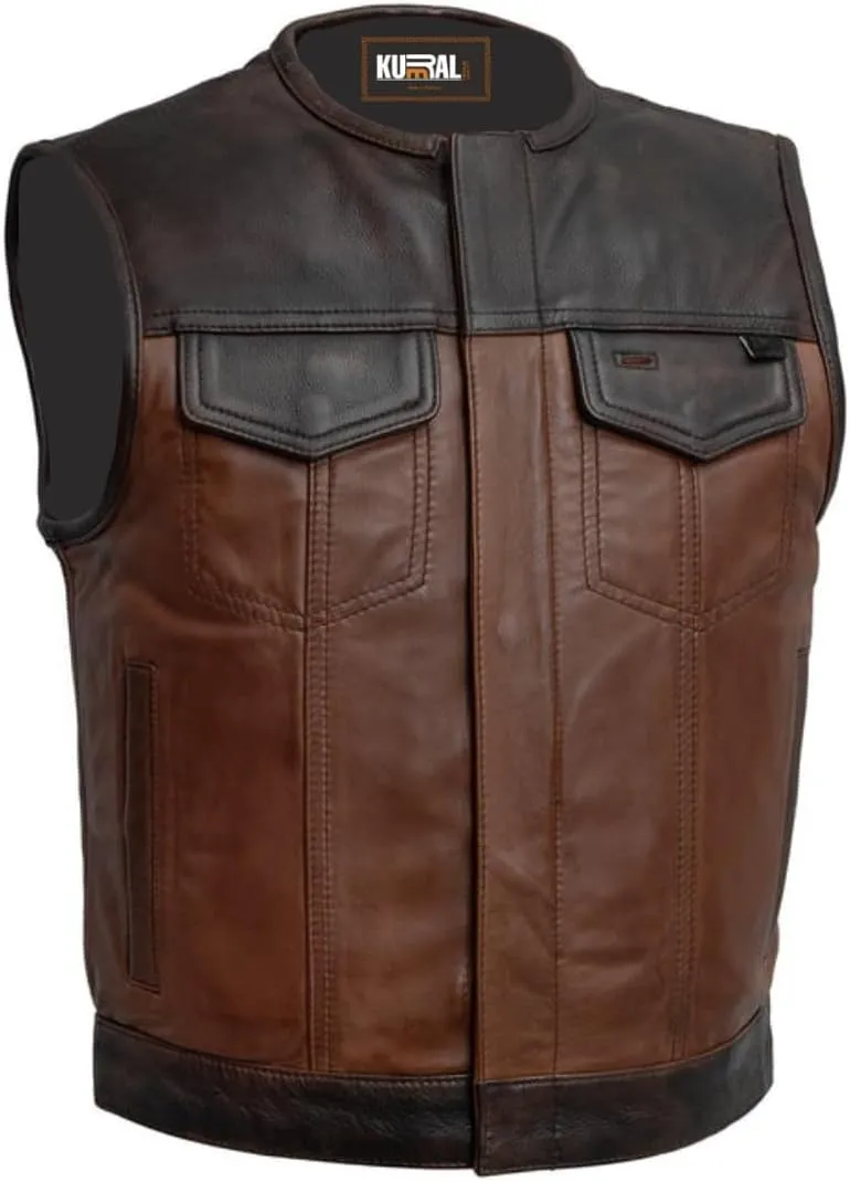 Mens Western Style Leather Vest - Lowside Gunner Mens Motorcycle Leather Vest - Men's Casual Leather Vest for Men