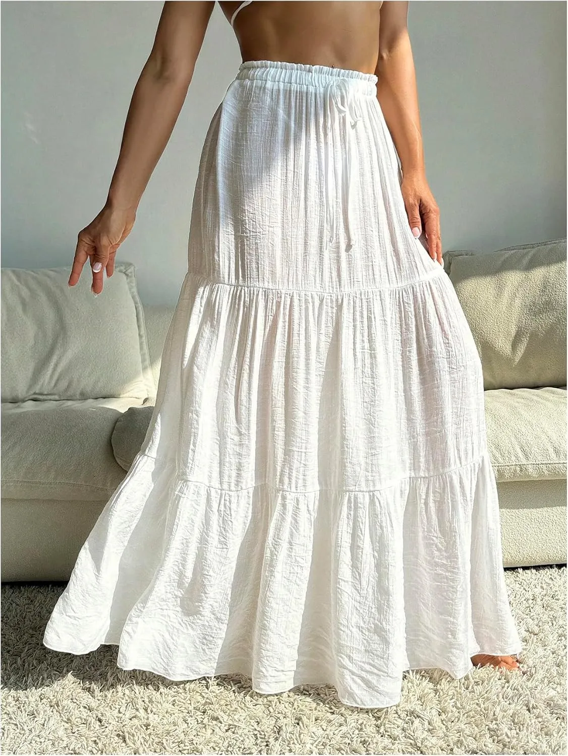Milumia Women's Sheer Linen Swimsuit Cover Up Skirt Ruffle Tiered Long Beach Coverup Maxi Skirt