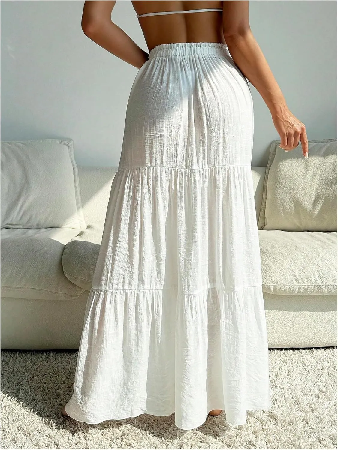 Milumia Women's Sheer Linen Swimsuit Cover Up Skirt Ruffle Tiered Long Beach Coverup Maxi Skirt