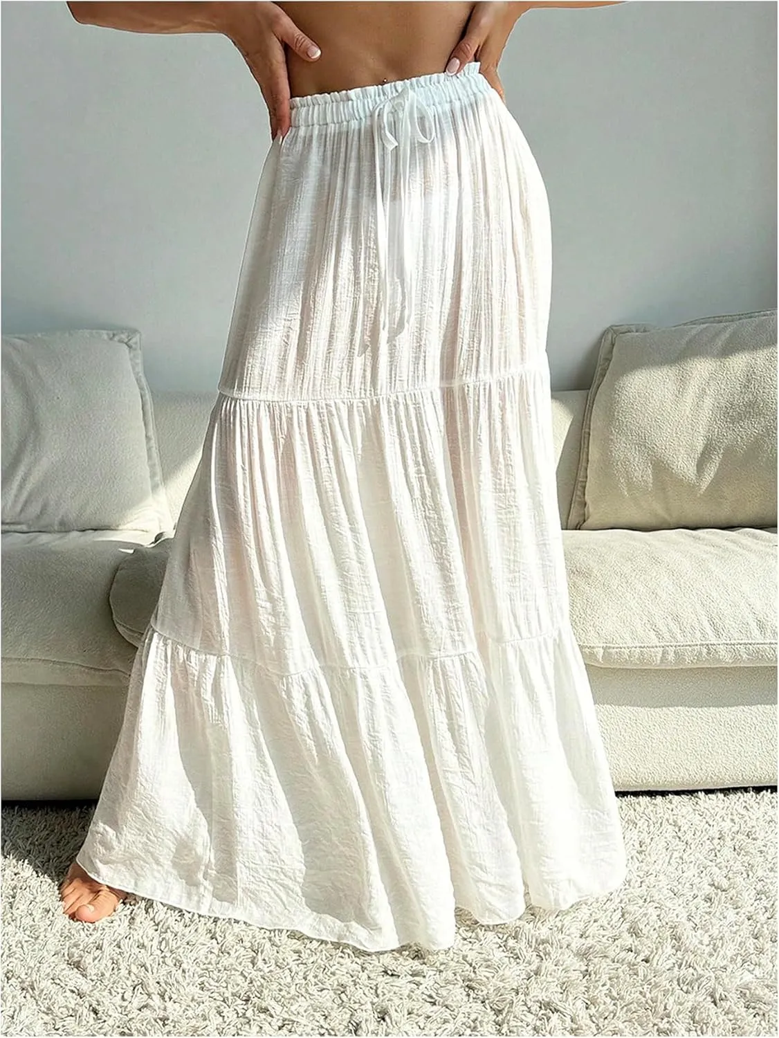Milumia Women's Sheer Linen Swimsuit Cover Up Skirt Ruffle Tiered Long Beach Coverup Maxi Skirt