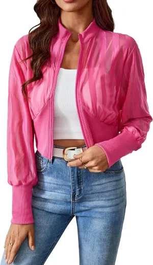 Milumia Women's Striped Lightweigh Sheer Mesh Crop Bomber Jacket