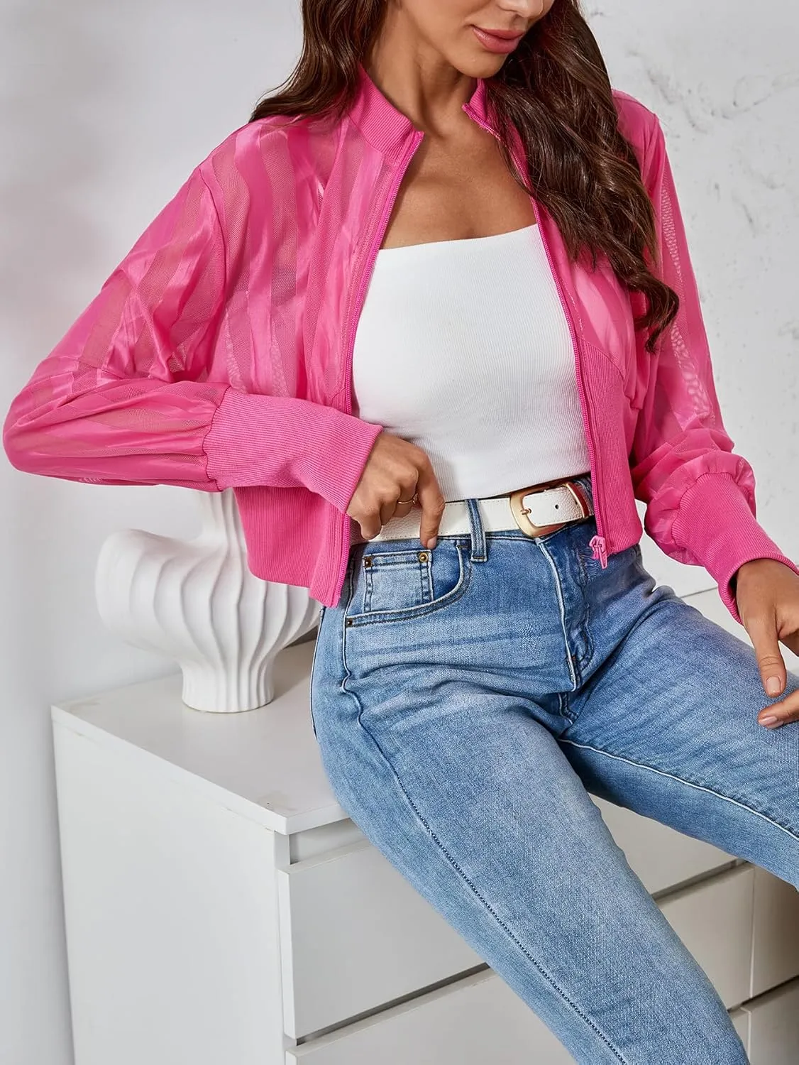 Milumia Women's Striped Lightweigh Sheer Mesh Crop Bomber Jacket