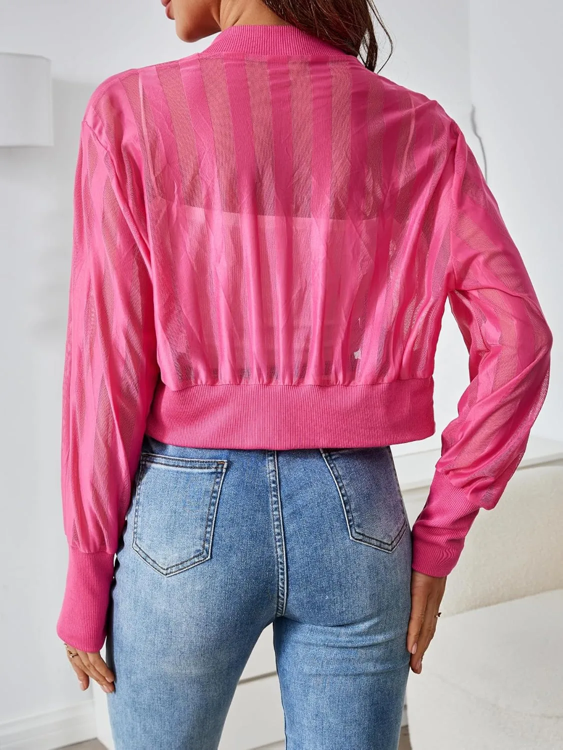 Milumia Women's Striped Lightweigh Sheer Mesh Crop Bomber Jacket