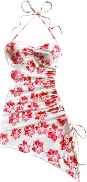 Milumia Women's Summer Dress Floral Print Halter Ruched Asymmetric Split Mini Dresses
