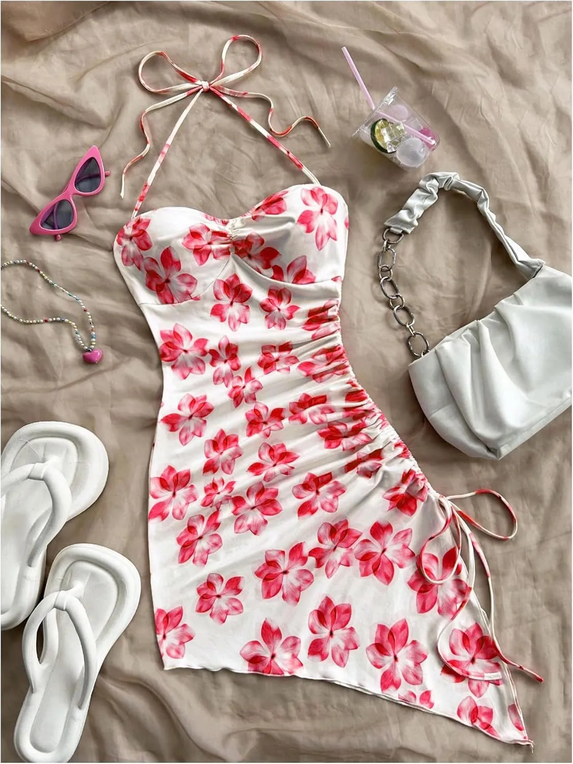 Milumia Women's Summer Dress Floral Print Halter Ruched Asymmetric Split Mini Dresses