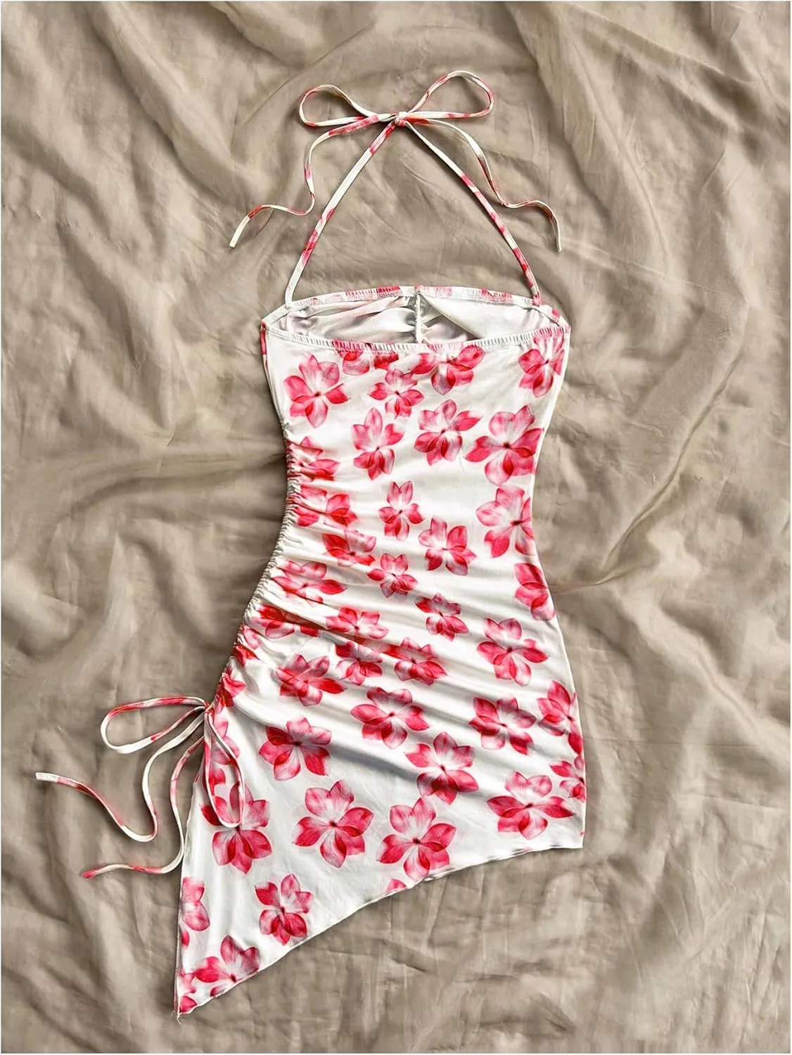 Milumia Women's Summer Dress Floral Print Halter Ruched Asymmetric Split Mini Dresses