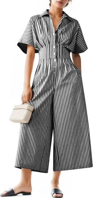 MISSACTIVER Women's Striped Wide Leg Jumpsuits Button Down Pleated One Piece Outfits Casual Long Pant Rompers With Pockets