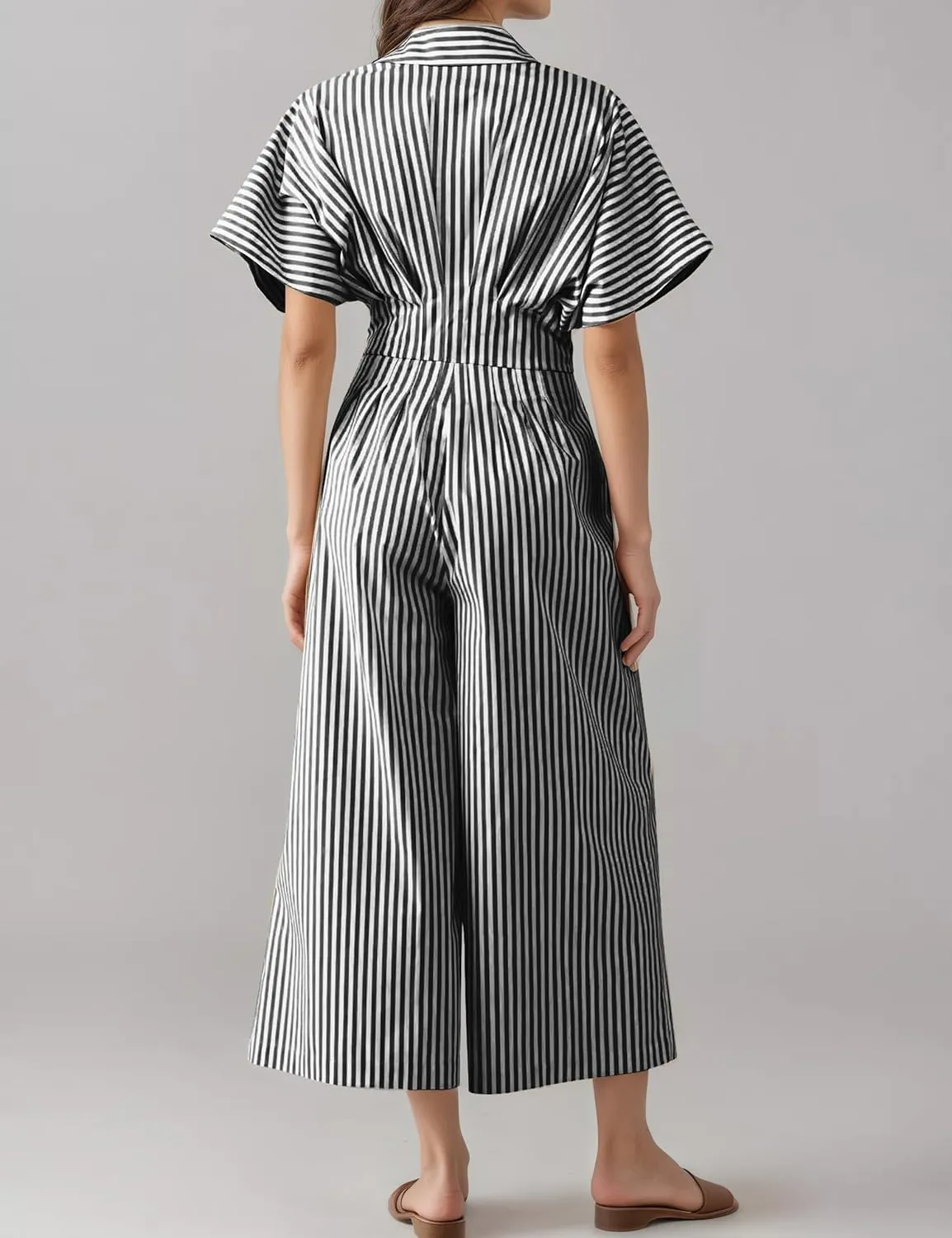 MISSACTIVER Women's Striped Wide Leg Jumpsuits Button Down Pleated One Piece Outfits Casual Long Pant Rompers With Pockets