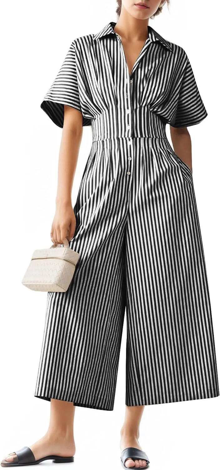 MISSACTIVER Women's Striped Wide Leg Jumpsuits Button Down Pleated One Piece Outfits Casual Long Pant Rompers With Pockets