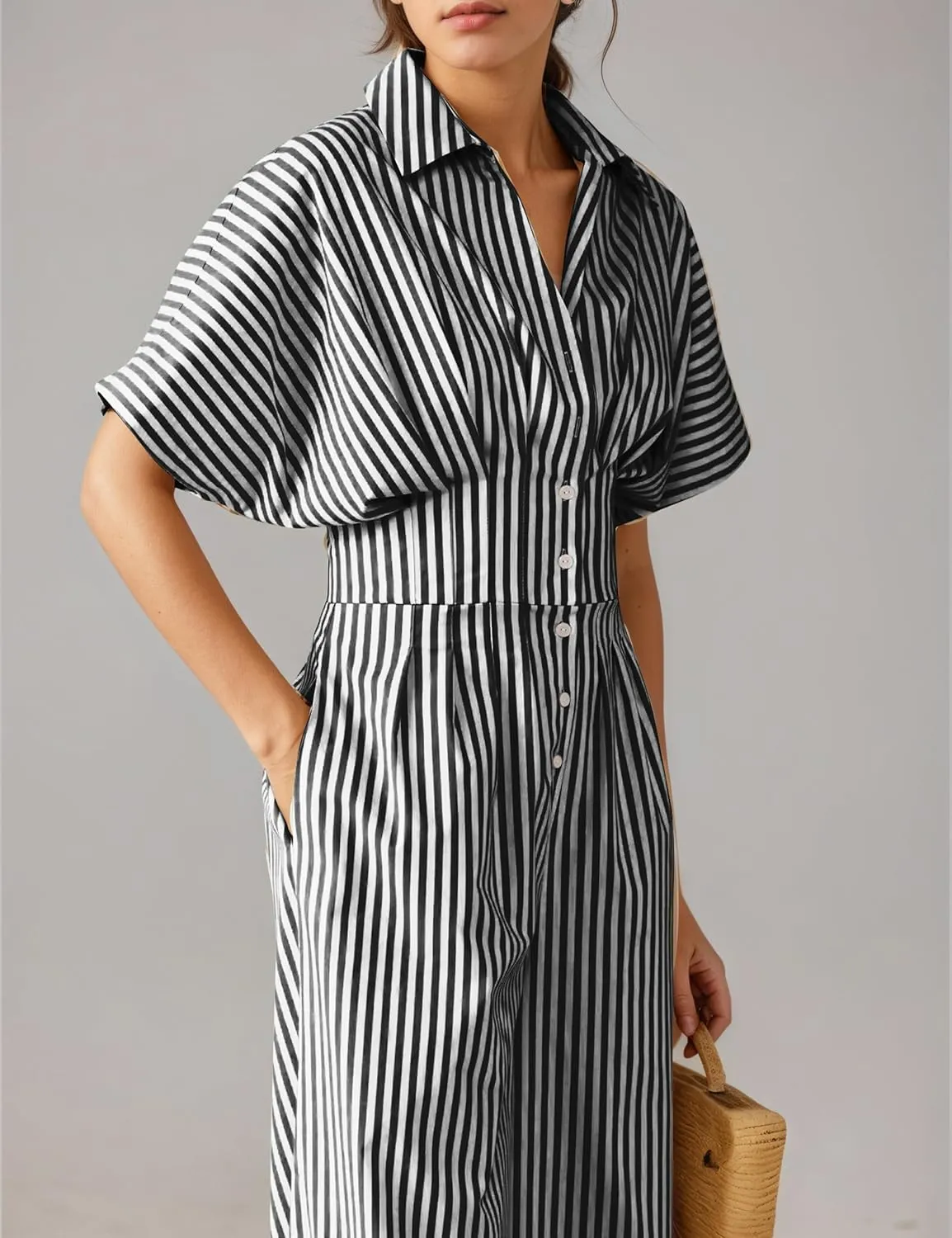 MISSACTIVER Women's Striped Wide Leg Jumpsuits Button Down Pleated One Piece Outfits Casual Long Pant Rompers With Pockets