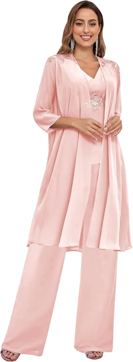 Mother of The Bride Pant Suits for Women Dressy Wedding with Jacket 3 Pieces Chiffon Evening Pantsuits Outfit