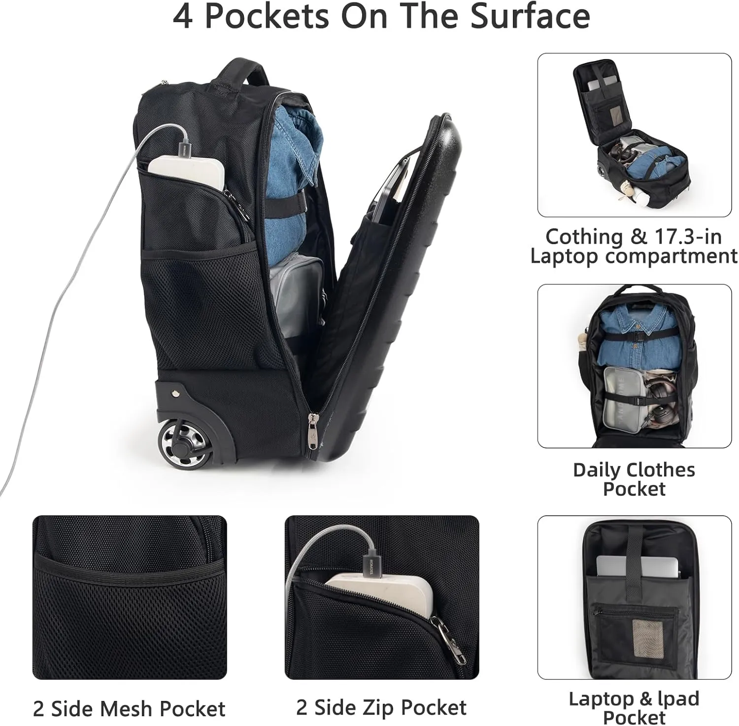 Multi-Useful Carry-On Luggage Fit 17.3 Inch Laptop airline approved with WheelsTravel suitcase backpack with wheels that can be pulled and carried for Overnight bag and Business19Inch