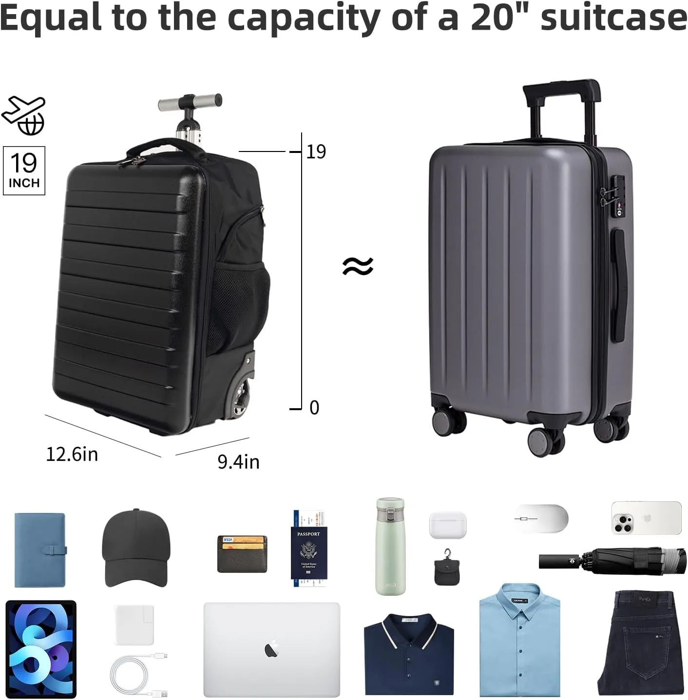 Multi-Useful Carry-On Luggage Fit 17.3 Inch Laptop airline approved with WheelsTravel suitcase backpack with wheels that can be pulled and carried for Overnight bag and Business19Inch