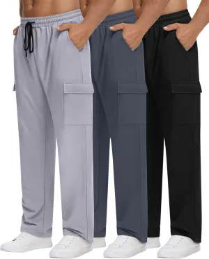 Neer 3 Pack Men's Cargo Sweatpants Baggy Open Bottom Straight Leg Drawstring Joggers Casual Lounge Pants with Pockets
