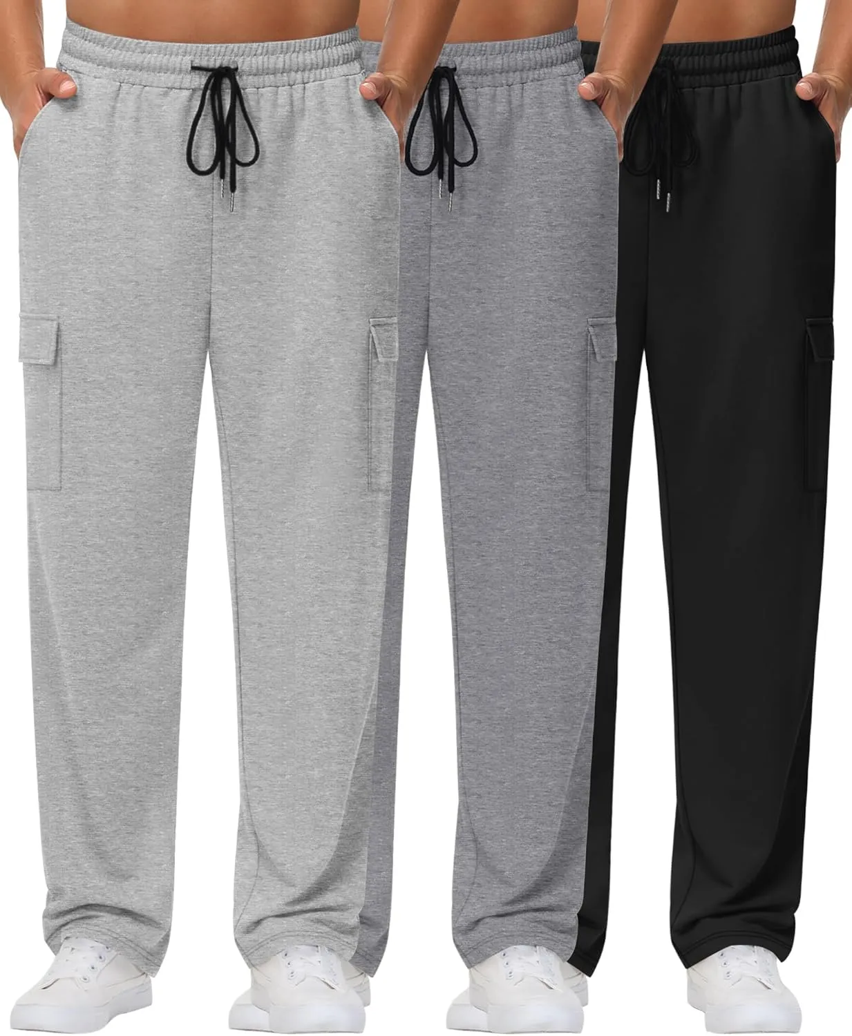 Neer 3 Pack Men's Cargo Sweatpants Baggy Open Bottom Straight Leg Drawstring Joggers Casual Lounge Pants with Pockets