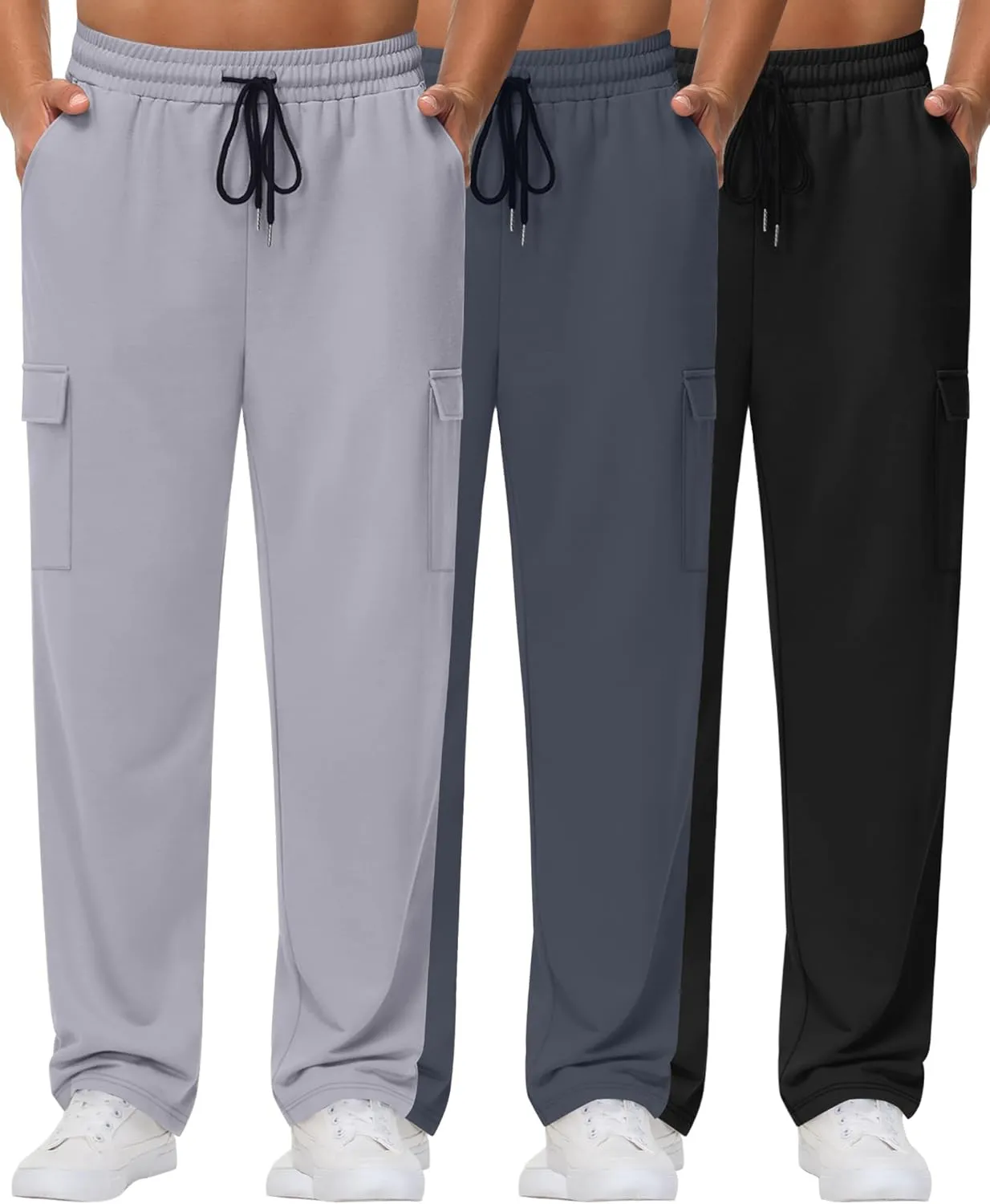 Neer 3 Pack Men's Cargo Sweatpants Baggy Open Bottom Straight Leg Drawstring Joggers Casual Lounge Pants with Pockets