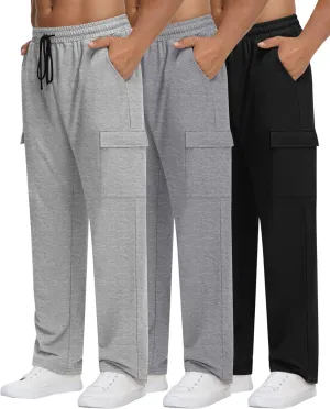 Neer 3 Pack Men's Cargo Sweatpants Baggy Open Bottom Straight Leg Drawstring Joggers Casual Lounge Pants with Pockets