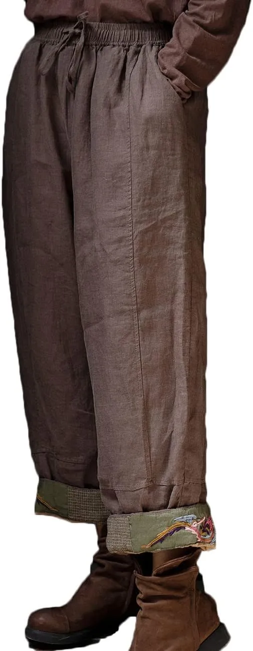 NFYM Women's Casual Cropped Pants Winter Quilted Wide Leg Elastic Waist Embroidered Harem Trousers with Pockets