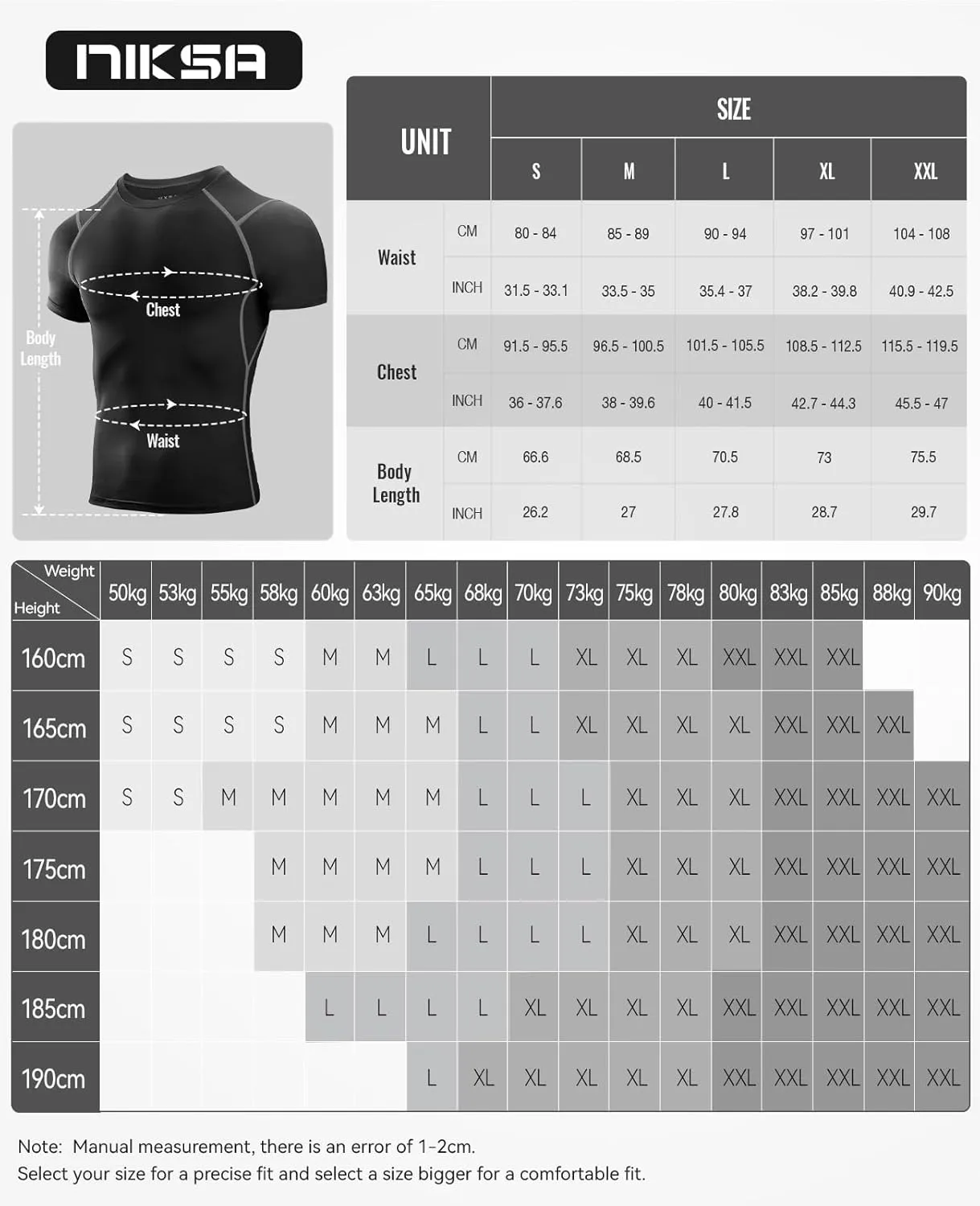 Niksa Men's Compression Shirts 2 Pack, Short Sleeve Athletic Compression Tops Cool Dry Workout T Shirt