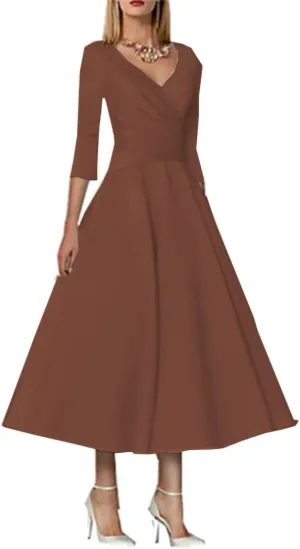 Noufany A-Line Sleek Satin Wedding Guest Dress for Women Vintage Plus Size Elegant V Neck Tea Length with Pleats NY008
