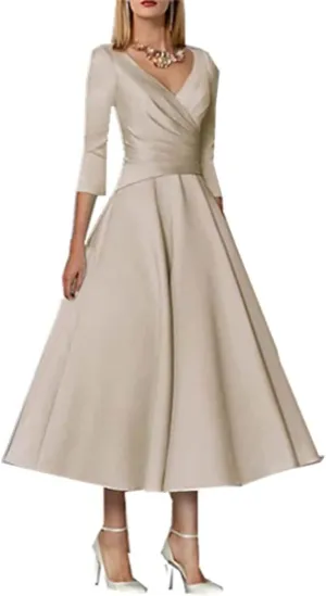 Noufany A-Line Sleek Satin Wedding Guest Dress for Women Vintage Plus Size Elegant V Neck Tea Length with Pleats NY008