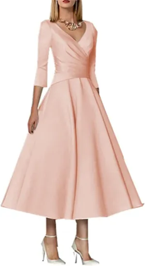 Noufany A-Line Sleek Satin Wedding Guest Dress for Women Vintage Plus Size Elegant V Neck Tea Length with Pleats NY008