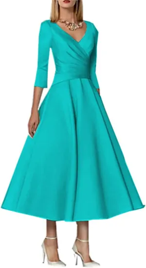 Noufany A-Line Sleek Satin Wedding Guest Dress for Women Vintage Plus Size Elegant V Neck Tea Length with Pleats NY008