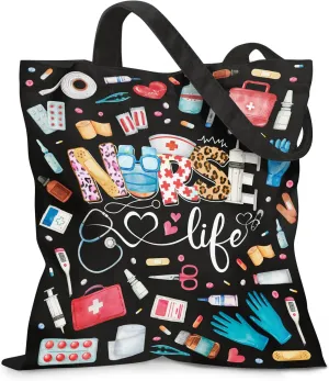 Nurse Tote Bag for Women - Black Medical Canvas Bag with Stethoscope & Heartbeat Print | Zippered Inner Pocket & Magnetic Buckle Closure | Hospital & Clinic Work Bags for Nurses, Doctors