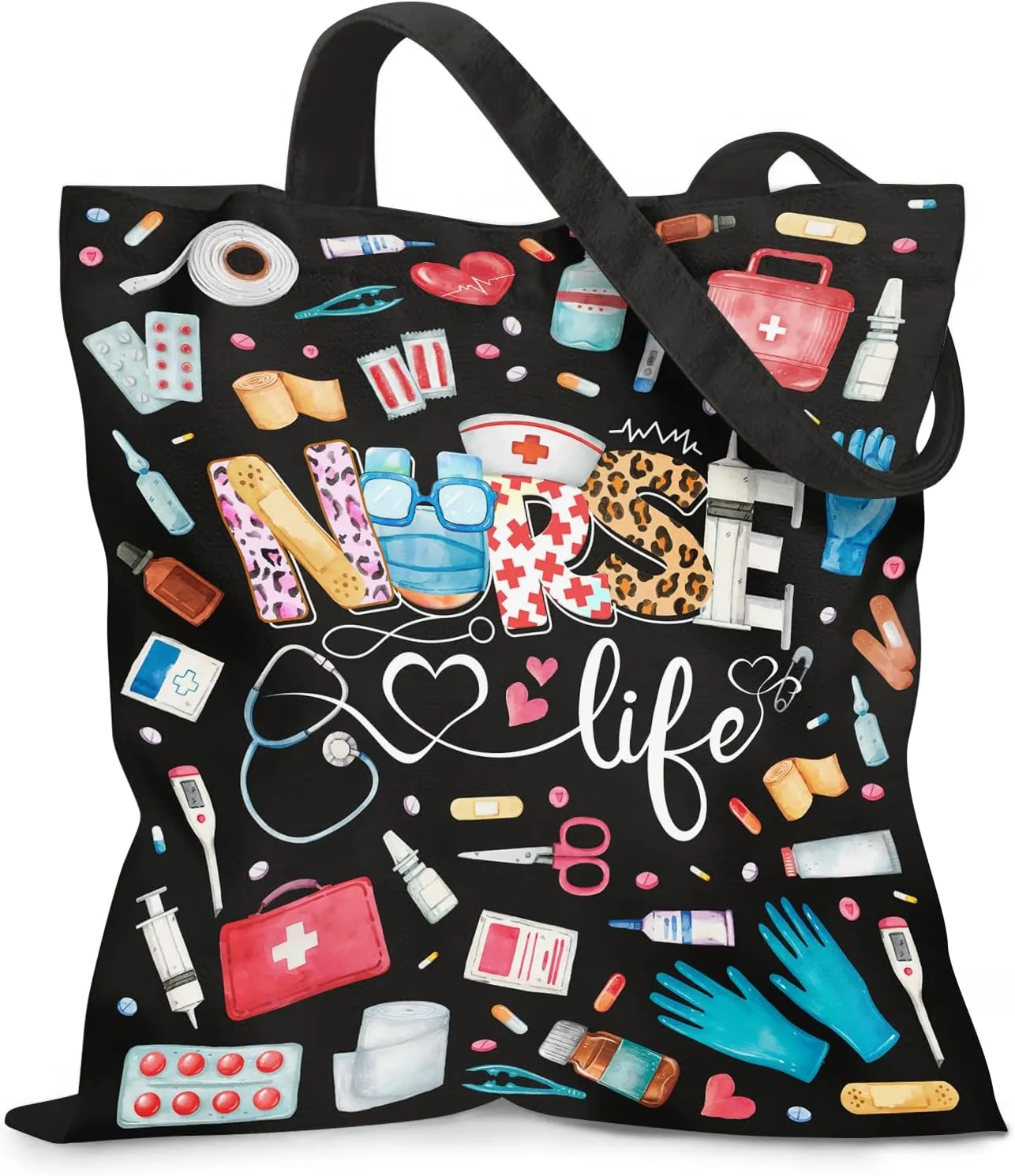 Nurse Tote Bag for Women - Black Medical Canvas Bag with Stethoscope & Heartbeat Print | Zippered Inner Pocket & Magnetic Buckle Closure | Hospital & Clinic Work Bags for Nurses, Doctors