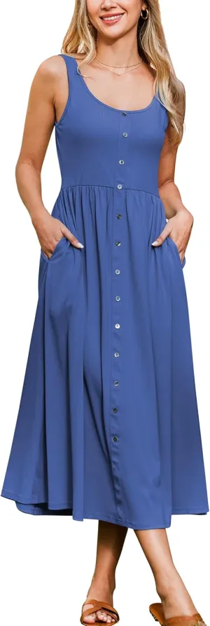 OUGES Womens Maternity Dress Scoop Neck Casual Sleeveless Button Down Pregnancy Clothes Midi Sundress with Pockets 2025