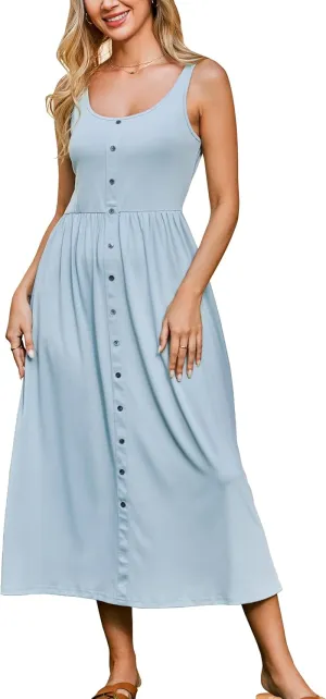 OUGES Womens Maternity Dress Scoop Neck Casual Sleeveless Button Down Pregnancy Clothes Midi Sundress with Pockets 2025