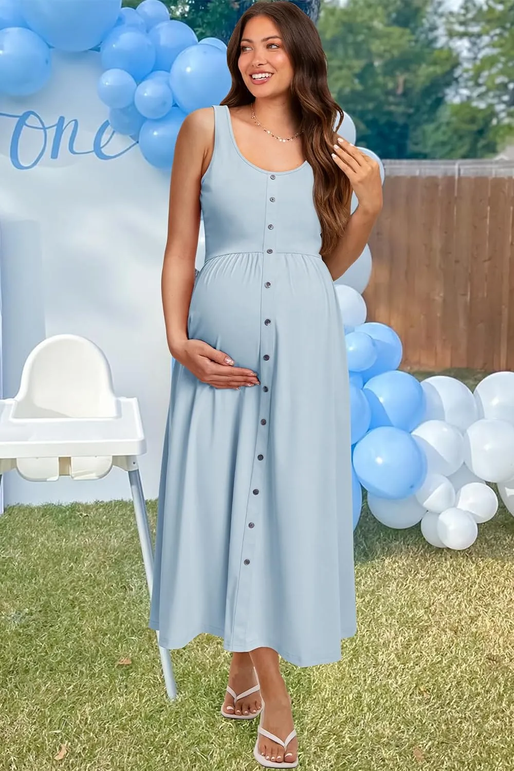 OUGES Womens Maternity Dress Scoop Neck Casual Sleeveless Button Down Pregnancy Clothes Midi Sundress with Pockets 2025