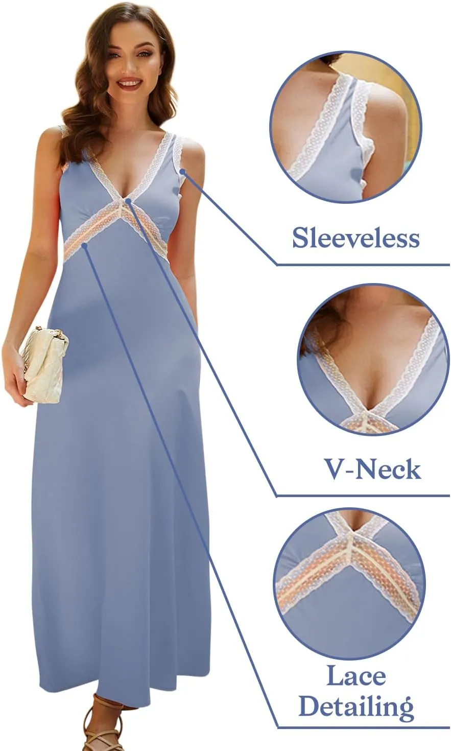 OWNGIGI Womens Sleeveless V-Neck Boho Maxi Sundress Lace High Waist Beach A Line Long Dresses