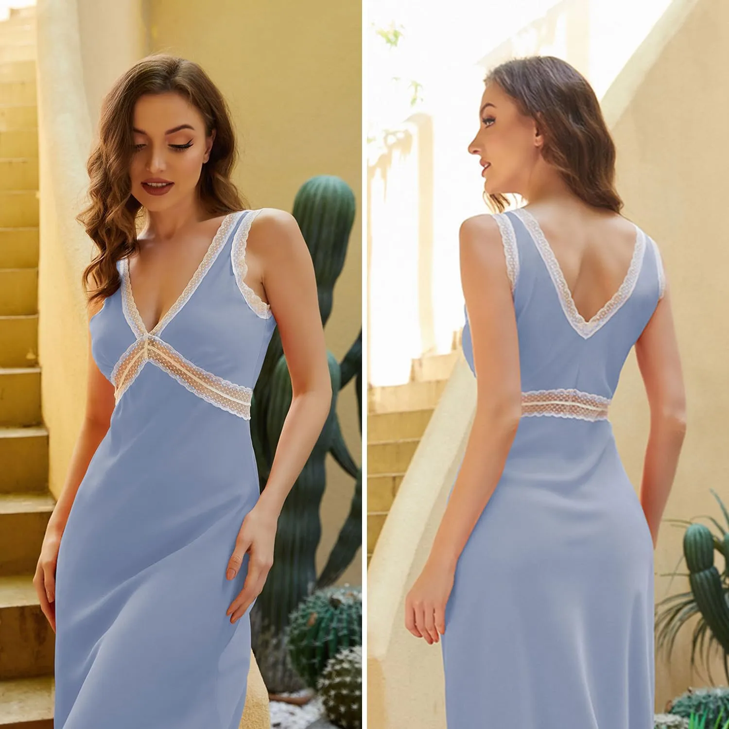 OWNGIGI Womens Sleeveless V-Neck Boho Maxi Sundress Lace High Waist Beach A Line Long Dresses