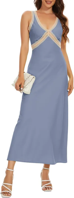 OWNGIGI Womens Sleeveless V-Neck Boho Maxi Sundress Lace High Waist Beach A Line Long Dresses