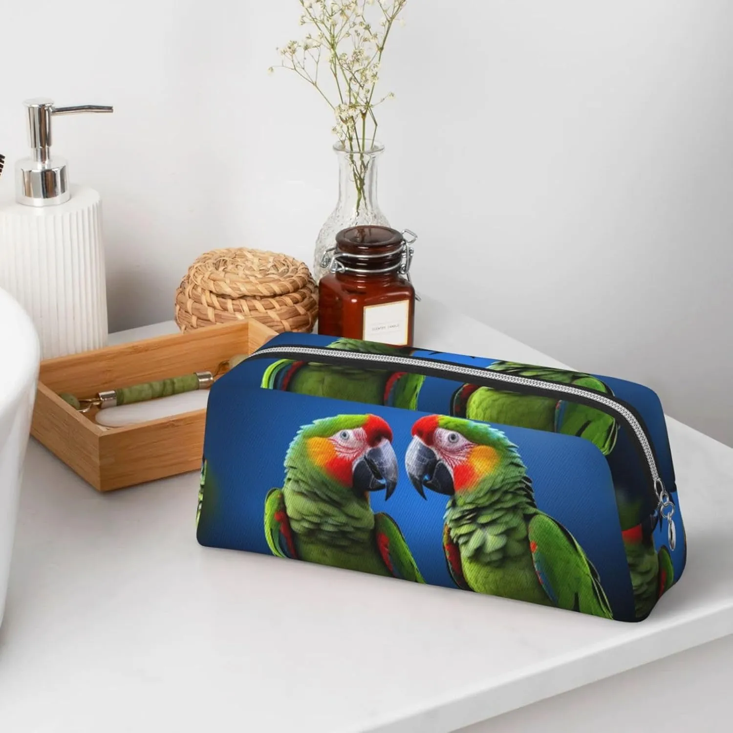 parrots Makeup Bag Travel Toiletry Bag Big Pencil Bag for Women Men Leather Zipper Coin Pouch Purse