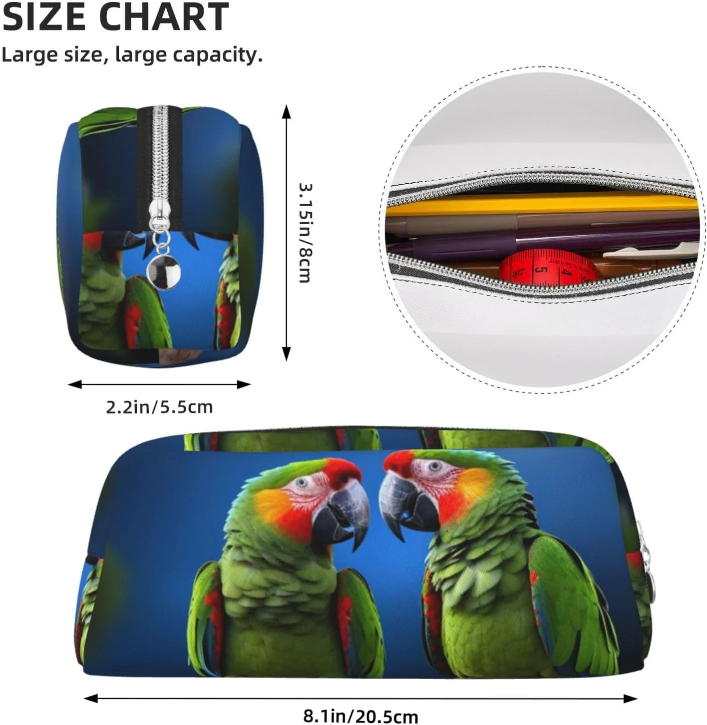parrots Makeup Bag Travel Toiletry Bag Big Pencil Bag for Women Men Leather Zipper Coin Pouch Purse