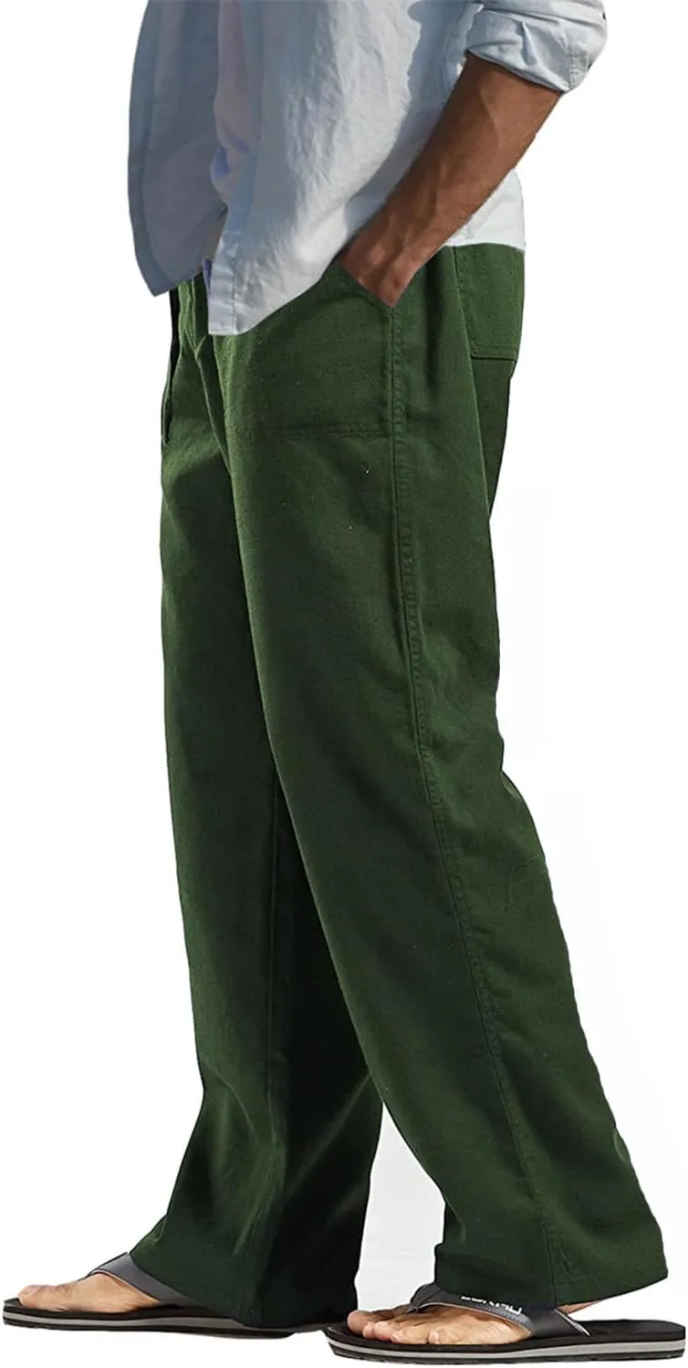 perdontoo Mens Casual Cotton Linen Pants Elastic Waist Drawstring Straight Summer Beach Pants