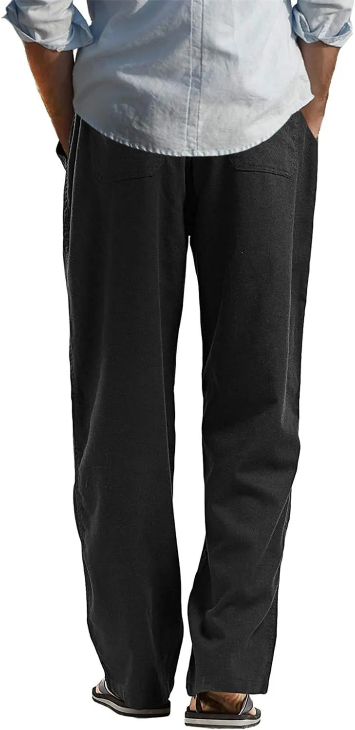 perdontoo Mens Casual Cotton Linen Pants Elastic Waist Drawstring Straight Summer Beach Pants