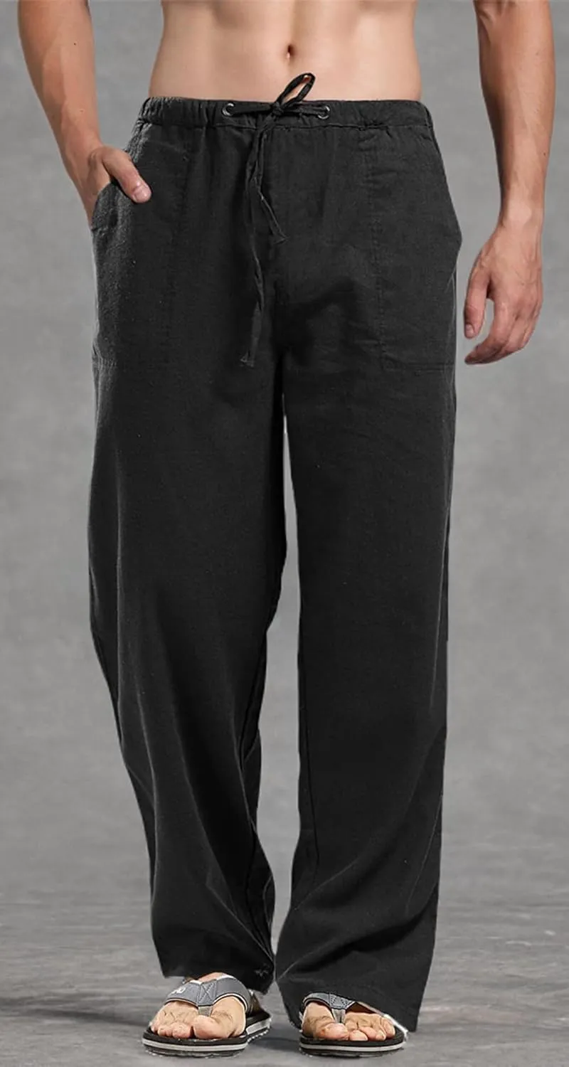 perdontoo Mens Casual Cotton Linen Pants Elastic Waist Drawstring Straight Summer Beach Pants