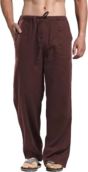perdontoo Mens Casual Cotton Linen Pants Elastic Waist Drawstring Straight Summer Beach Pants