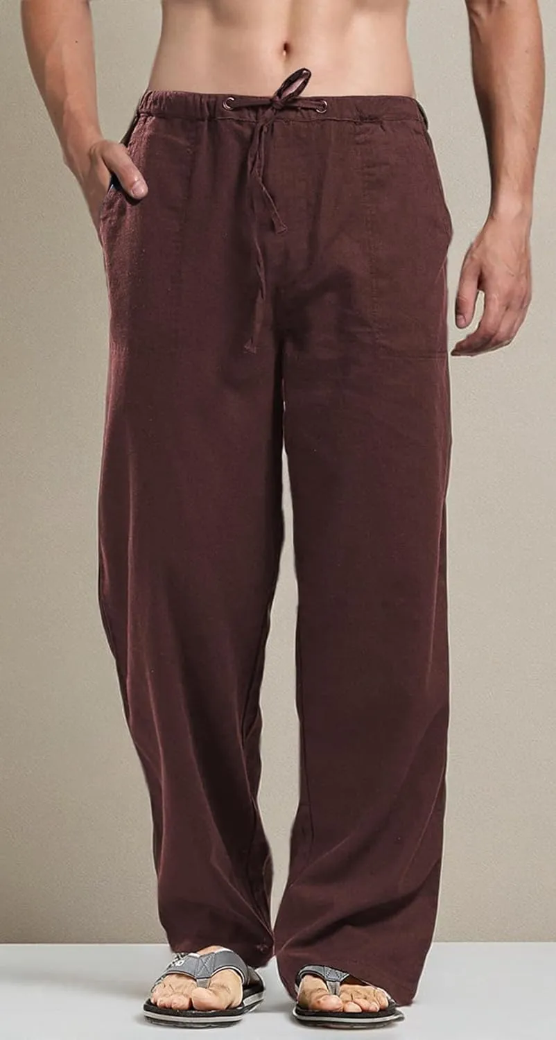 perdontoo Mens Casual Cotton Linen Pants Elastic Waist Drawstring Straight Summer Beach Pants