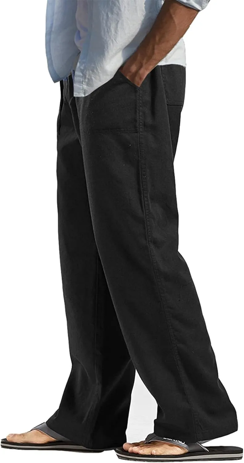 perdontoo Mens Casual Cotton Linen Pants Elastic Waist Drawstring Straight Summer Beach Pants